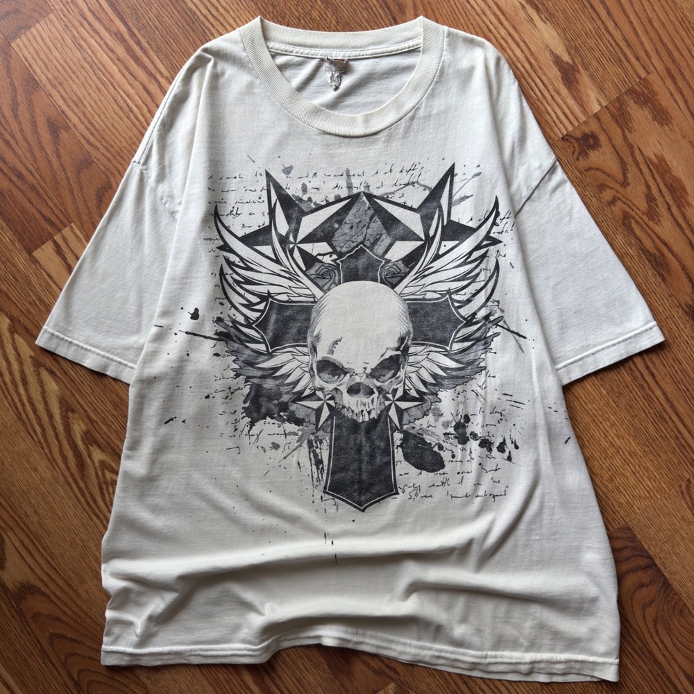 ALStyle Skull Graphic Tee Men's XL Cream Affliction Style Y2K Grunge